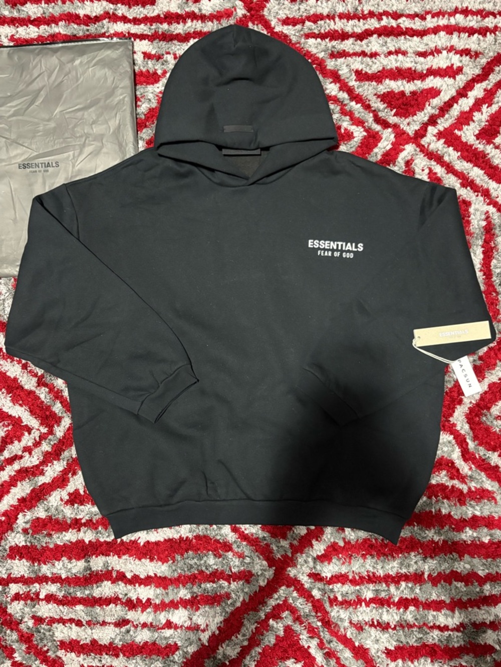 Essentials Fear Of God Black on “White” Hoodie
